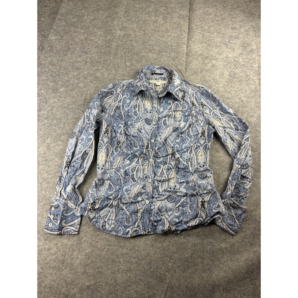 Tommy Hilfiger Blue Paisley Ruched Western Cowgirl Button Down Shirt Women's M